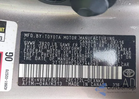 2016 Toyota Corolla Le from USA, damaged, VIN 2T1BURHE2GC744040